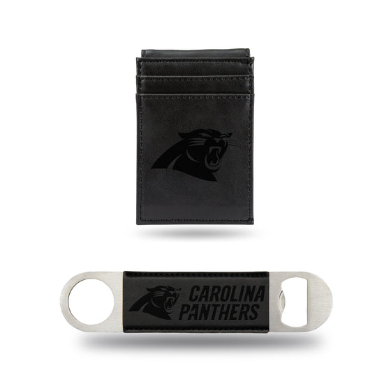 NFL Football Carolina Panthers Black Laser Engraved Front Pocket Wallet & Bar Blade - Slim/Light Weight - Great Gift Items