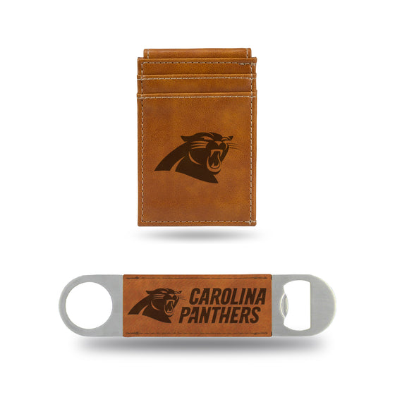 NFL Football Carolina Panthers Brown Laser Engraved Front Pocket Wallet & Bar Blade - Slim/Light Weight - Great Gift Items