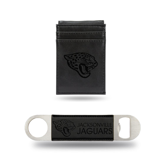 NFL Football Jacksonville Jaguars Black Laser Engraved Front Pocket Wallet & Bar Blade - Slim/Light Weight - Great Gift Items