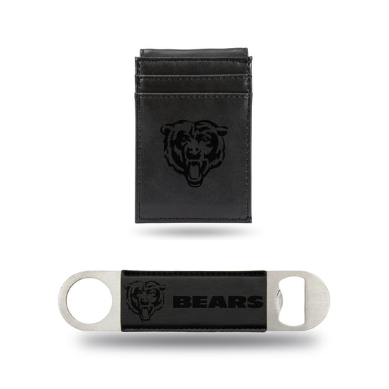 NFL Football Chicago Bears Black Laser Engraved Front Pocket Wallet & Bar Blade - Slim/Light Weight - Great Gift Items