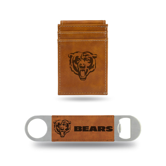 NFL Football Chicago Bears Brown Laser Engraved Front Pocket Wallet & Bar Blade - Slim/Light Weight - Great Gift Items