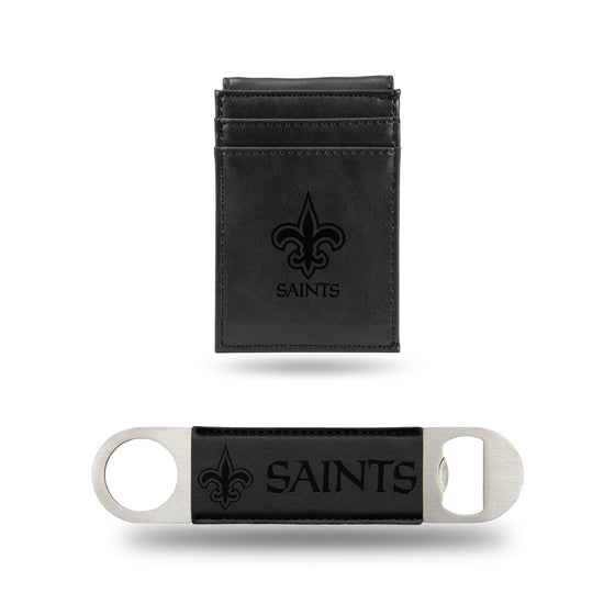 NFL Football New Orleans Saints Black Laser Engraved Front Pocket Wallet & Bar Blade - Slim/Light Weight - Great Gift Items