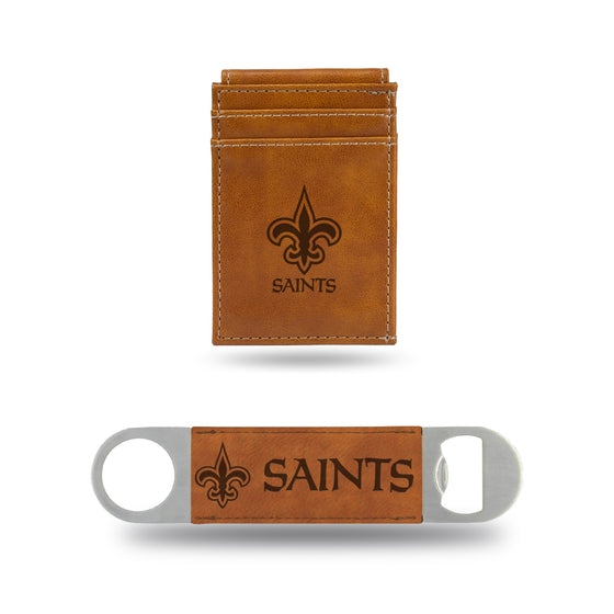NFL Football New Orleans Saints Brown Laser Engraved Front Pocket Wallet & Bar Blade - Slim/Light Weight - Great Gift Items