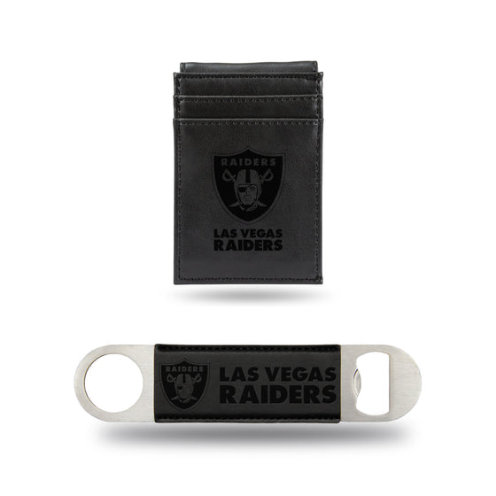 NFL Football Las Vegas Raiders Black Laser Engraved Front Pocket Wallet & Bar Blade - Slim/Light Weight - Great Gift Items