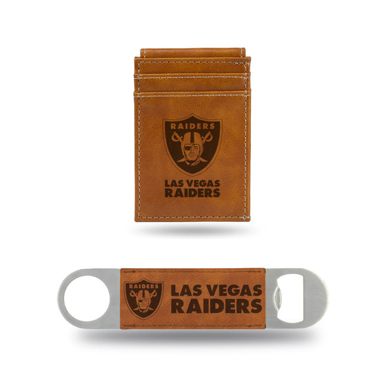 NFL Football Las Vegas Raiders Brown Laser Engraved Front Pocket Wallet & Bar Blade - Slim/Light Weight - Great Gift Items