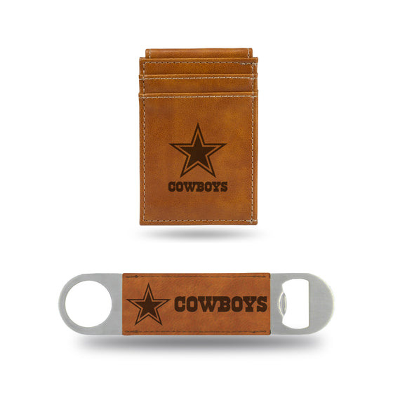 NFL Football Dallas Cowboys Brown Laser Engraved Front Pocket Wallet & Bar Blade - Slim/Light Weight - Great Gift Items