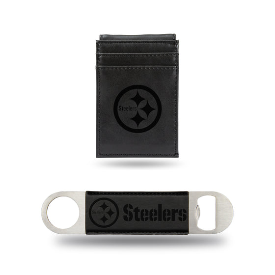 NFL Football Pittsburgh Steelers Black Laser Engraved Front Pocket Wallet & Bar Blade - Slim/Light Weight - Great Gift Items