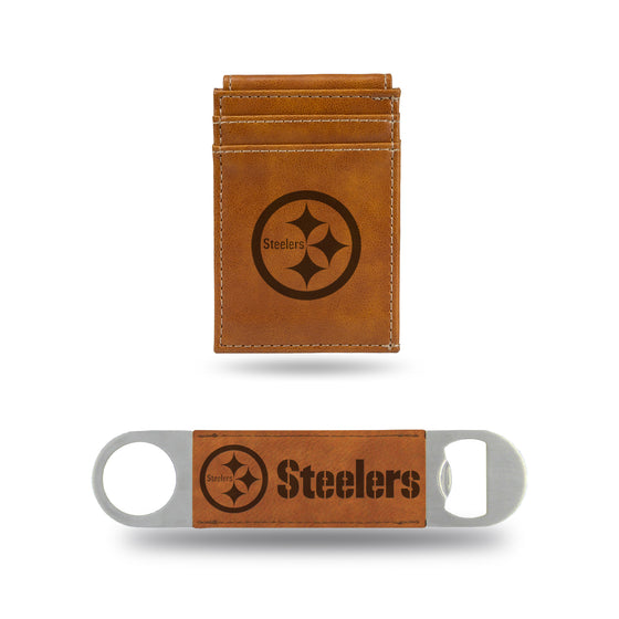 NFL Football Pittsburgh Steelers Brown Laser Engraved Front Pocket Wallet & Bar Blade - Slim/Light Weight - Great Gift Items