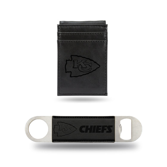 NFL Football Kansas City Chiefs Black Laser Engraved Front Pocket Wallet & Bar Blade - Slim/Light Weight - Great Gift Items