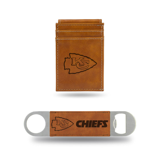 NFL Football Kansas City Chiefs Brown Laser Engraved Front Pocket Wallet & Bar Blade - Slim/Light Weight - Great Gift Items