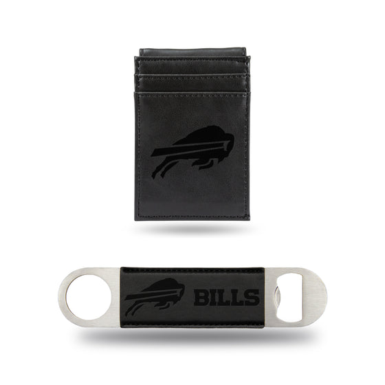 NFL Football Buffalo Bills Black Laser Engraved Front Pocket Wallet & Bar Blade - Slim/Light Weight - Great Gift Items