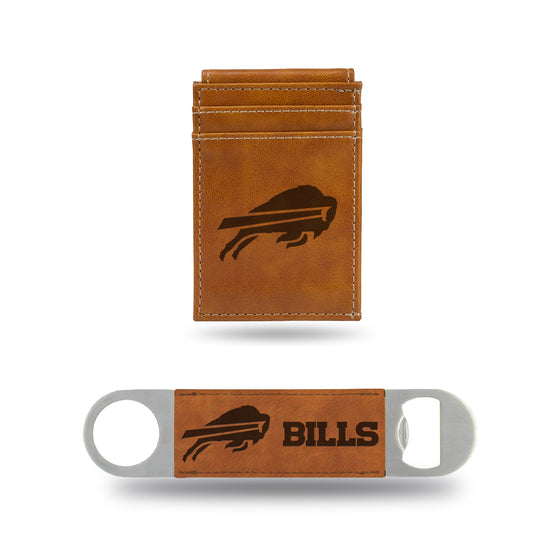 NFL Football Buffalo Bills Brown Laser Engraved Front Pocket Wallet & Bar Blade - Slim/Light Weight - Great Gift Items