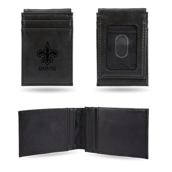 NFL Football New Orleans Saints Black Laser Engraved Front Pocket Wallet - Compact/Comfortable/Slim