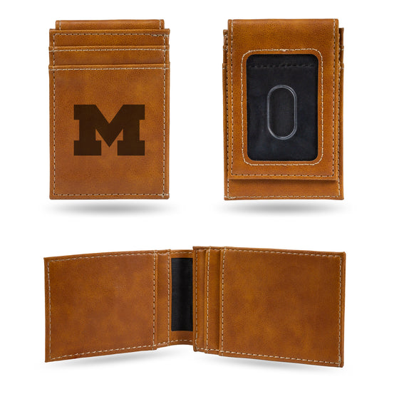 NCAA  Michigan Wolverines Brown Laser Engraved Front Pocket Wallet - Compact/Comfortable/Slim