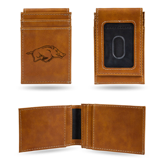 NCAA  Arkansas Razorbacks Brown Laser Engraved Front Pocket Wallet - Compact/Comfortable/Slim