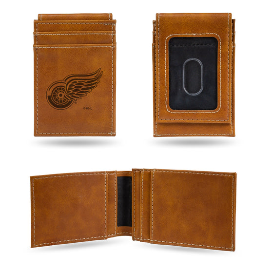 NHL Hockey Detroit Red Wings Brown Laser Engraved Front Pocket Wallet - Compact/Comfortable/Slim