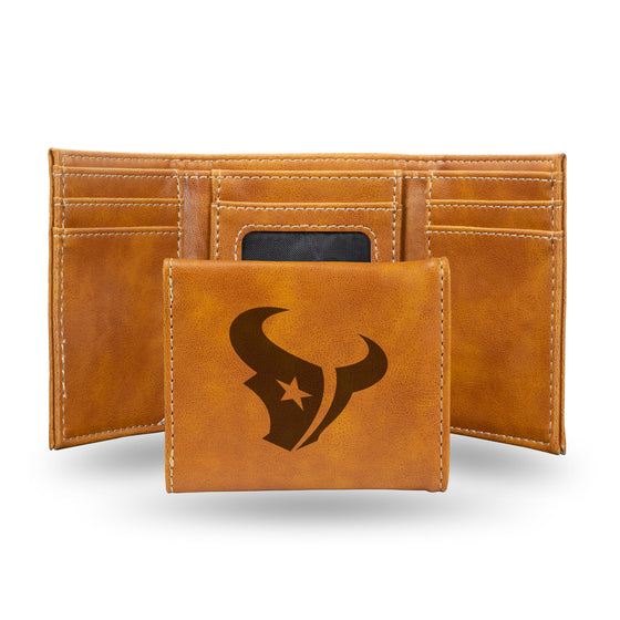 NFL Football Houston Texans Brown Laser Engraved Tri-Fold Wallet - Men's Accessory