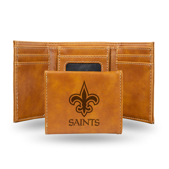 NFL Football New Orleans Saints Brown Laser Engraved Tri-Fold Wallet - Men's Accessory
