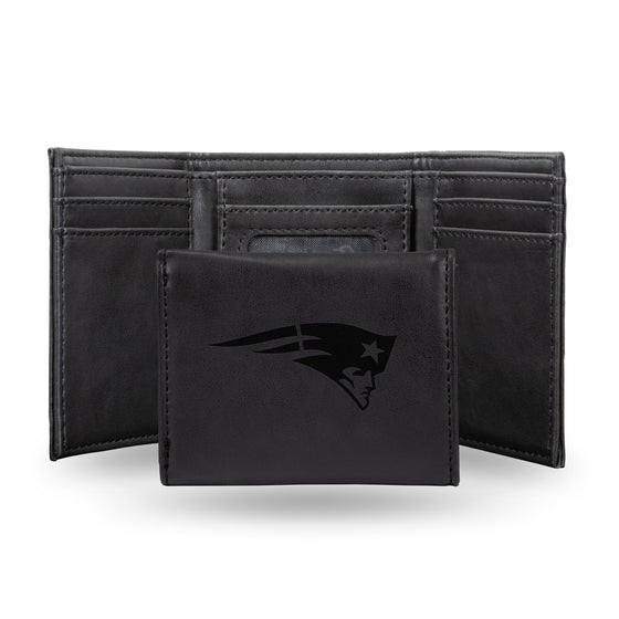 NFL Football New England Patriots Black Laser Engraved Tri-Fold Wallet - Men's Accessory