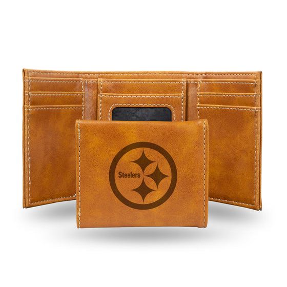 NFL Football Pittsburgh Steelers Brown Laser Engraved Tri-Fold Wallet - Men's Accessory