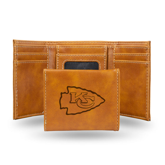 NFL Football Kansas City Chiefs Brown Laser Engraved Tri-Fold Wallet - Men's Accessory