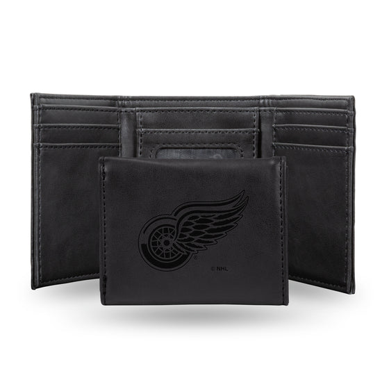 NHL Hockey Detroit Red Wings Black Laser Engraved Tri-Fold Wallet - Men's Accessory