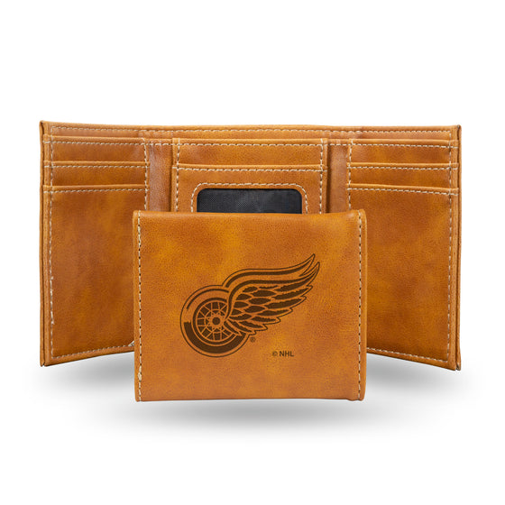 NHL Hockey Detroit Red Wings Brown Laser Engraved Tri-Fold Wallet - Men's Accessory