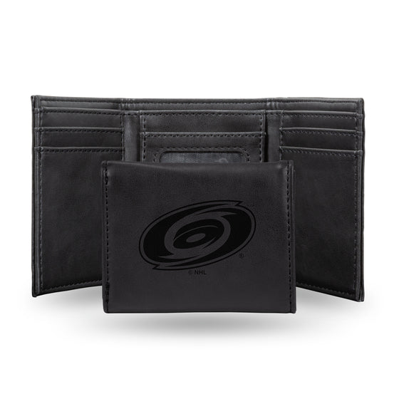 NHL Hockey Carolina Hurricanes Black Laser Engraved Tri-Fold Wallet - Men's Accessory