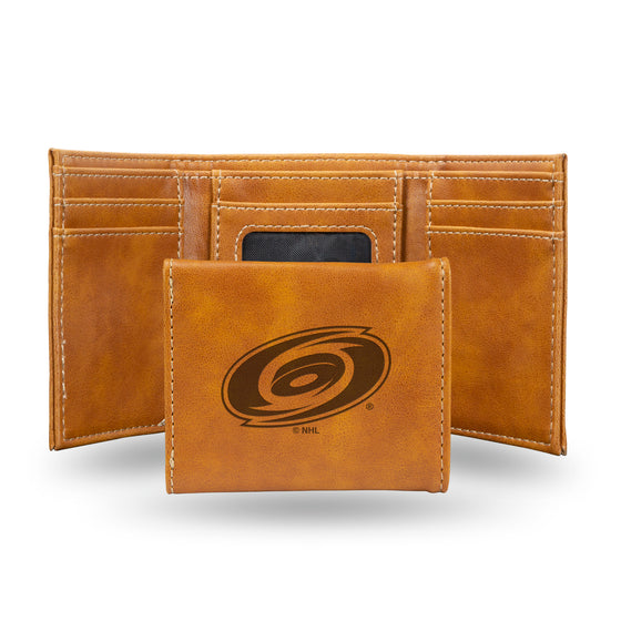 NHL Hockey Carolina Hurricanes Brown Laser Engraved Tri-Fold Wallet - Men's Accessory