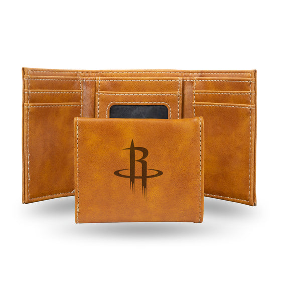 NBA Basketball Houston Rockets Brown Laser Engraved Tri-Fold Wallet - Men's Accessory