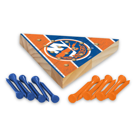 NHL Hockey New York Islanders  4.5" x 4" Wooden Travel Sized Pyramid Game - Toy Peg Games - Triangle - Family Fun