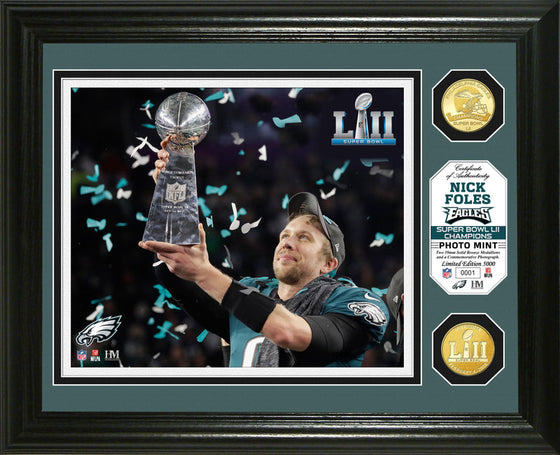 NICK FOLES SUPER BOWL 52 CHAMPION TROPHY BRONZE COIN PHOTO MINT - 757 Sports Collectibles