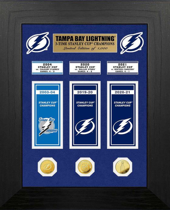 Tampa Bay Lightning 3-Time Stanley Cup Champions Deluxe Banner and Gold Coin Collection