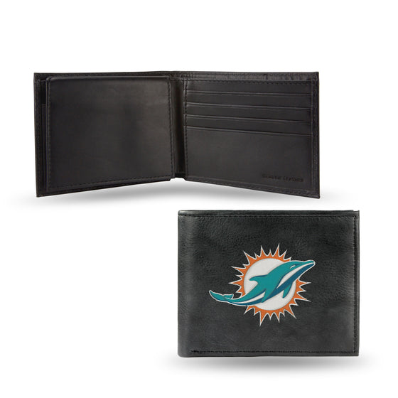 NFL Football Miami Dolphins  Embroidered Genuine Leather Billfold Wallet 3.25" x 4.25" - Slim