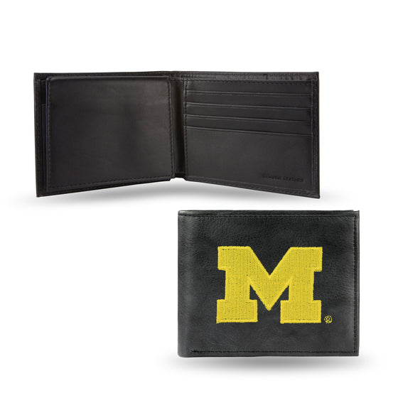 NCAA  Michigan Wolverines  Embroidered Genuine Leather Billfold Wallet 3.25" x 4.25" - Slim