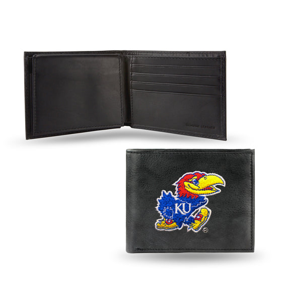 NCAA  Kansas Jayhawks  Embroidered Genuine Leather Billfold Wallet 3.25" x 4.25" - Slim