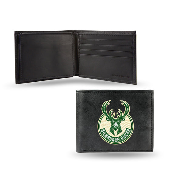 NBA Basketball Milwaukee Bucks  Embroidered Genuine Leather Billfold Wallet 3.25" x 4.25" - Slim