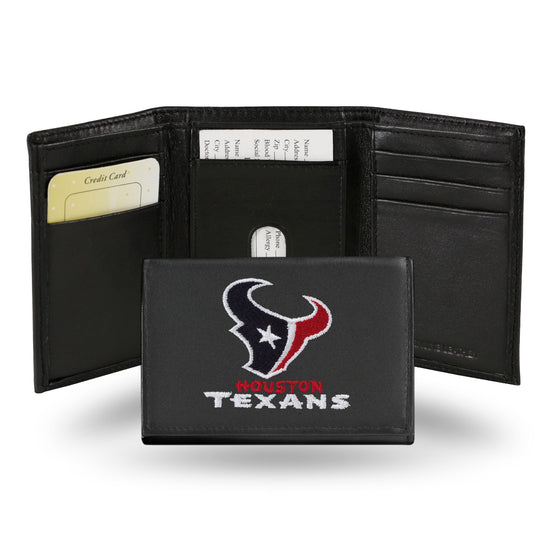 NFL Football Houston Texans  Embroidered Genuine Leather Tri-fold Wallet 3.25" x 4.25" - Slim