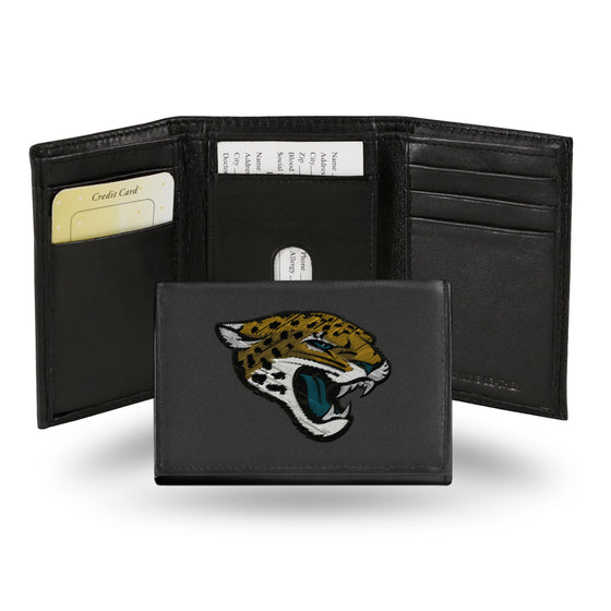 NFL Football Jacksonville Jaguars  Embroidered Genuine Leather Tri-fold Wallet 3.25" x 4.25" - Slim