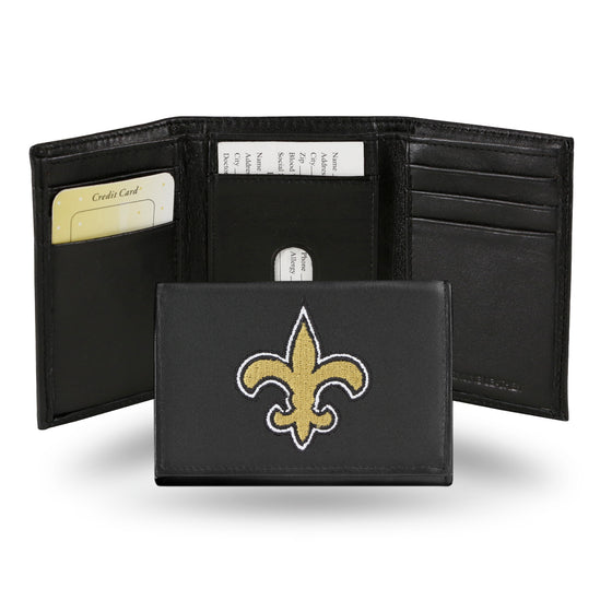 NFL Football New Orleans Saints  Embroidered Genuine Leather Tri-fold Wallet 3.25" x 4.25" - Slim
