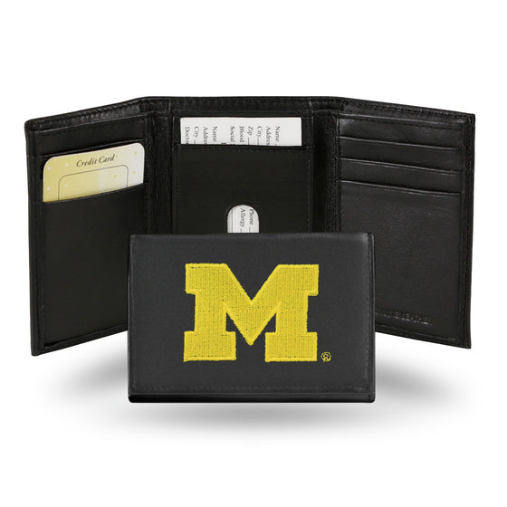 NCAA  Michigan Wolverines  Embroidered Genuine Leather Tri-fold Wallet 3.25" x 4.25" - Slim