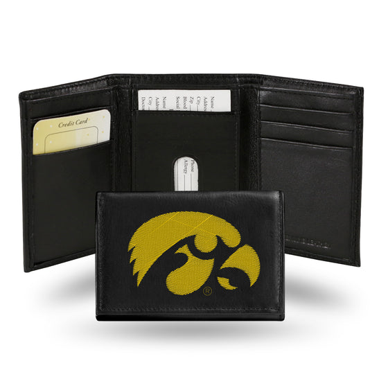 NCAA  Iowa Hawkeyes  Embroidered Genuine Leather Tri-fold Wallet 3.25" x 4.25" - Slim