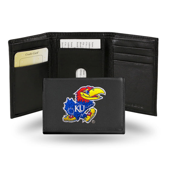 NCAA  Kansas Jayhawks  Embroidered Genuine Leather Tri-fold Wallet 3.25" x 4.25" - Slim