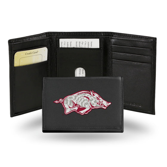NCAA  Arkansas Razorbacks  Embroidered Genuine Leather Tri-fold Wallet 3.25" x 4.25" - Slim