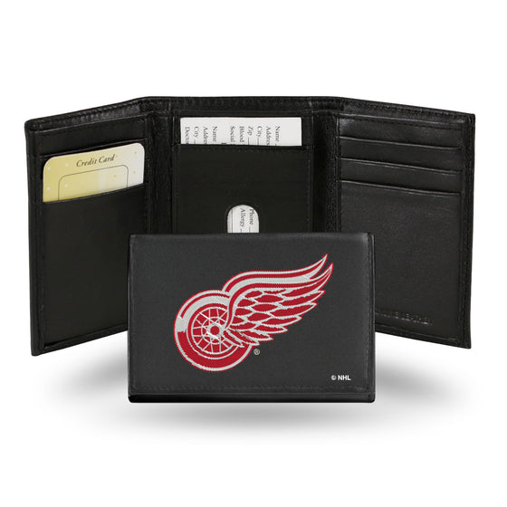 NHL Hockey Detroit Red Wings  Embroidered Genuine Leather Tri-fold Wallet 3.25" x 4.25" - Slim