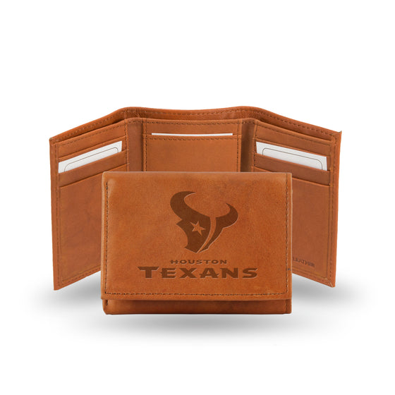 NFL Football Houston Texans  Brown Embossed Genuine Leather Tri-Fold Wallet