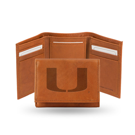 NCAA  Miami Hurricanes  Brown Embossed Genuine Leather Tri-Fold Wallet