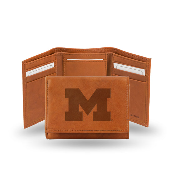 NCAA  Michigan Wolverines  Brown Embossed Genuine Leather Tri-Fold Wallet