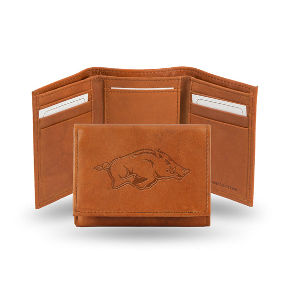 NCAA  Arkansas Razorbacks  Brown Embossed Genuine Leather Tri-Fold Wallet