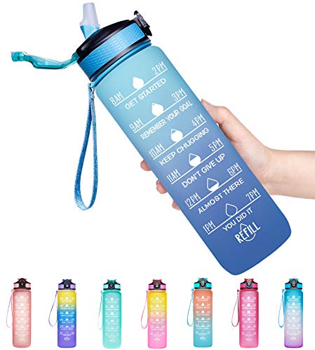 Giotto 32oz Large Leakproof BPA Free Drinking Water Bottle with Time Marker & Straw to Ensure You Drink Enough Water Throughout The Day for Fitness and Outdoor Enthusiasts-Ombre Navy Green - 757 Sports Collectibles